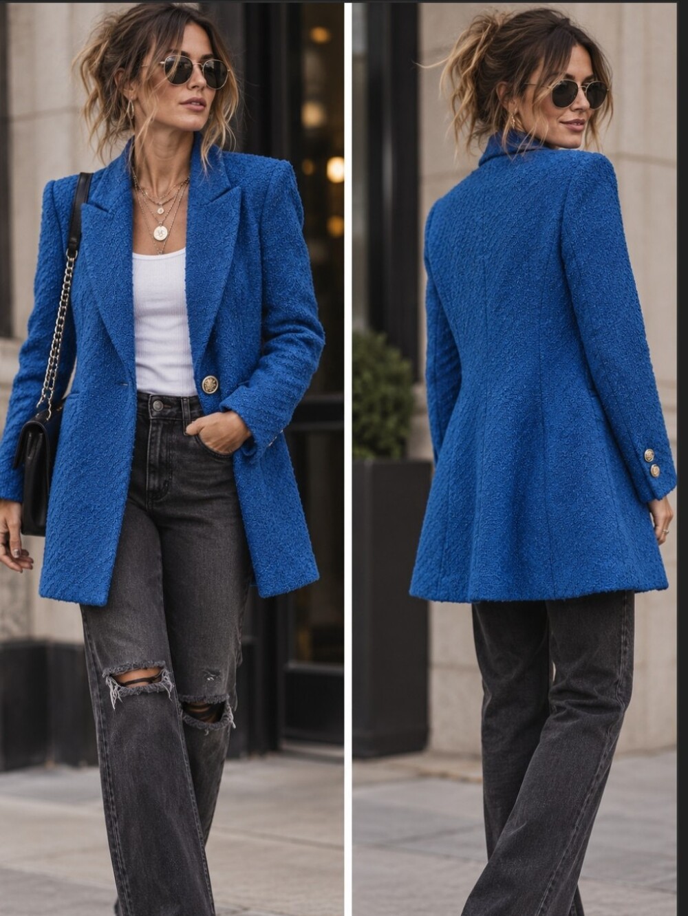 Zara Royal Blue Bouclé Blazer Jacket with Gold Buttons